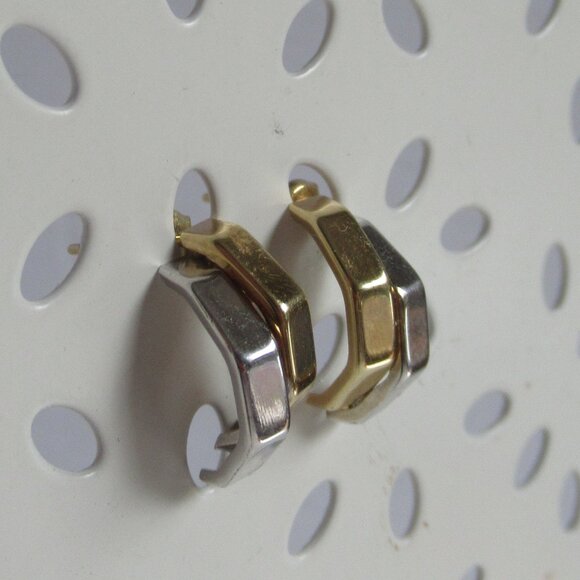 14k 2 tone, White & Yellow Gold Stud Earrings, 1/2 Octagon, Art Deco - Picture 5 of 11